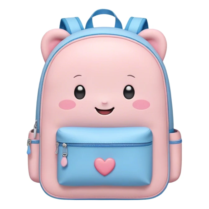 Cute Kawaii Backpack, round and chubby, soft pastel pink and blue, tiny heart-shaped zippers, blushing cheeks, a tiny smiling face, a happy school-time companion! sticker