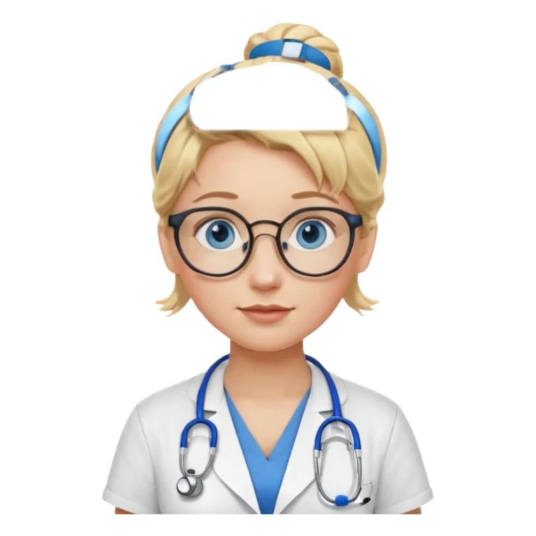 Blonde hair with two buns, blue eyes, stethoscope, and glasses sticker