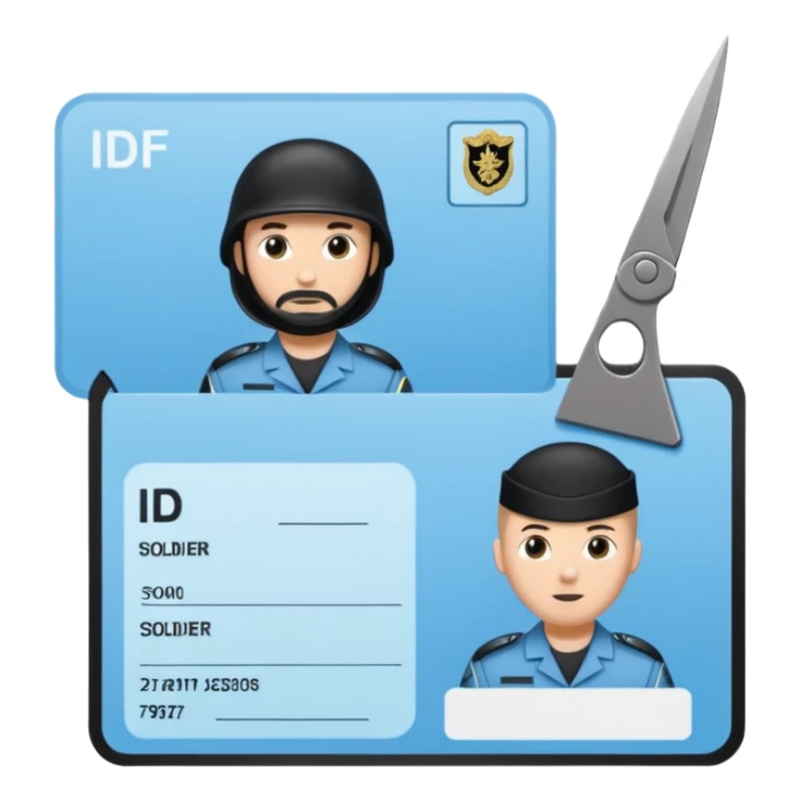 black Scissors cutting a light blue idf soldier ID card in 2 parts .hyper realistic sticker