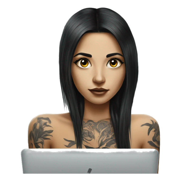 Hyperrealistic girl with black long hair tattoos laptop sticker