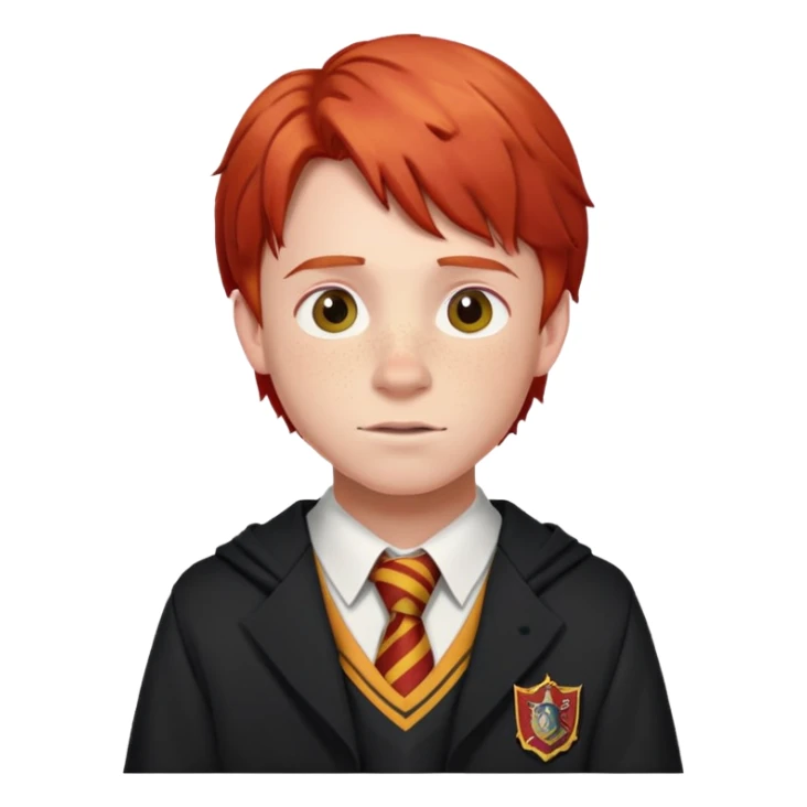 Ron Weasley with red hair, freckles, and Gryffindor school uniform sticker