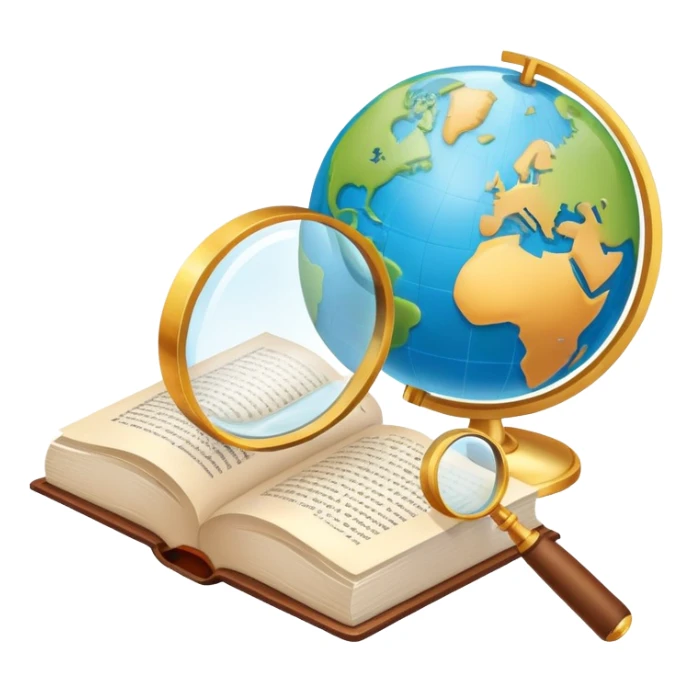 An icon featuring an open book, a speech bubble, and a magnifying glass, symbolizing philology and linguistics. The design includes language symbols, a globe, and alphabet letters, representing the study of languages and their structures. Transparent background  sticker