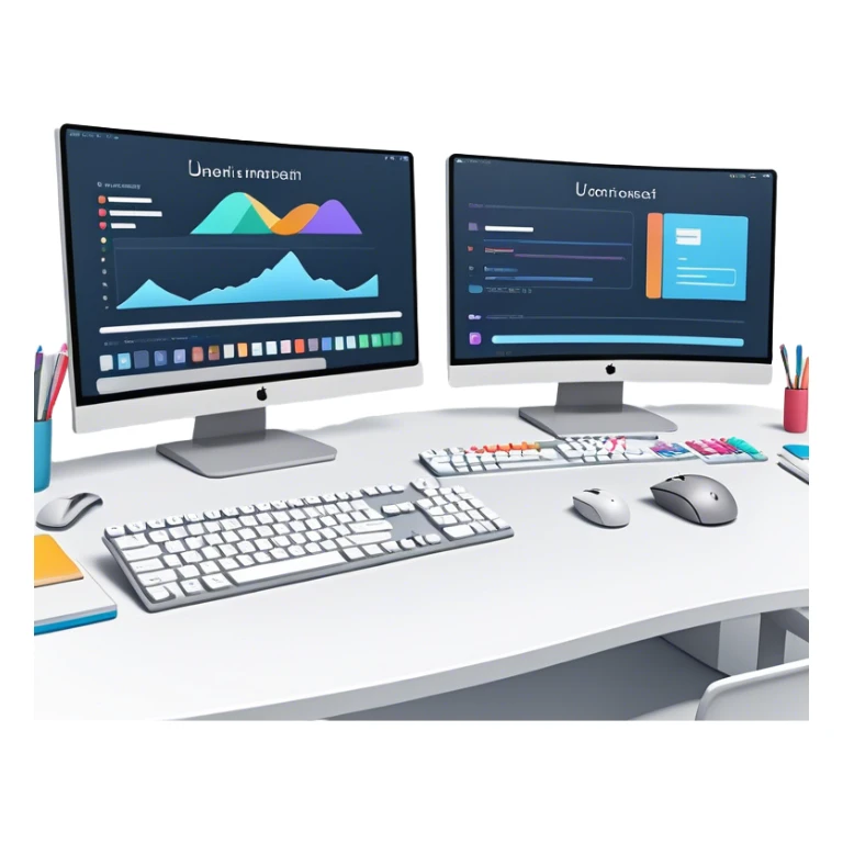 Create an emoji for UX/UI design. Show two large curved monitors displaying UX/UI design interfaces. Include a mouse, keyboard, and stylus next to the screens. Use modern, professional colors. Do not include any emojis or smiley faces. Make the background transparent. sticker