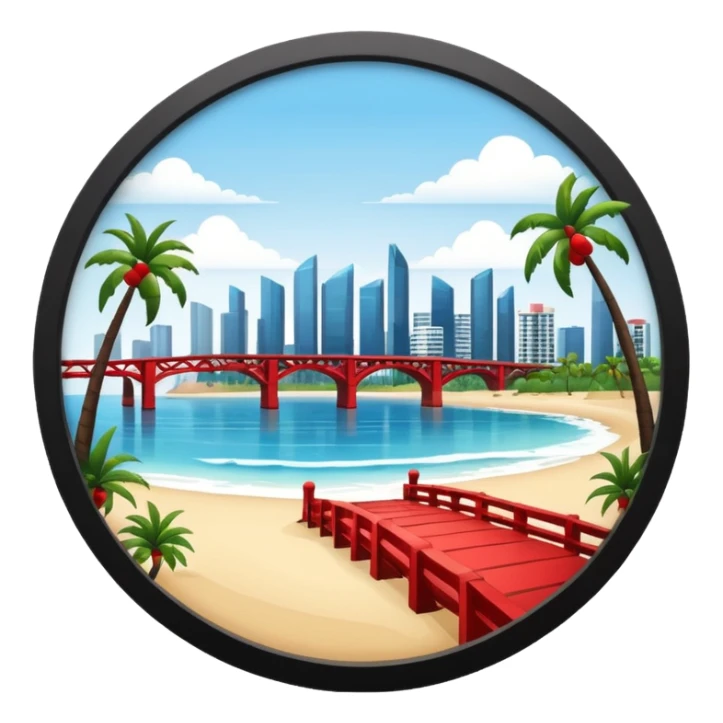 a circle island with modern buildings, a beach with palm trees in the front. also, a red bridge behind.  sticker