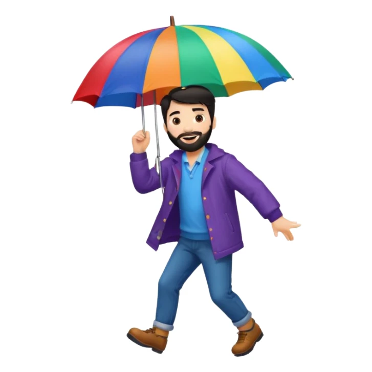 A dark-haired boy with a white beard dancing with an umbrella in the rain sticker