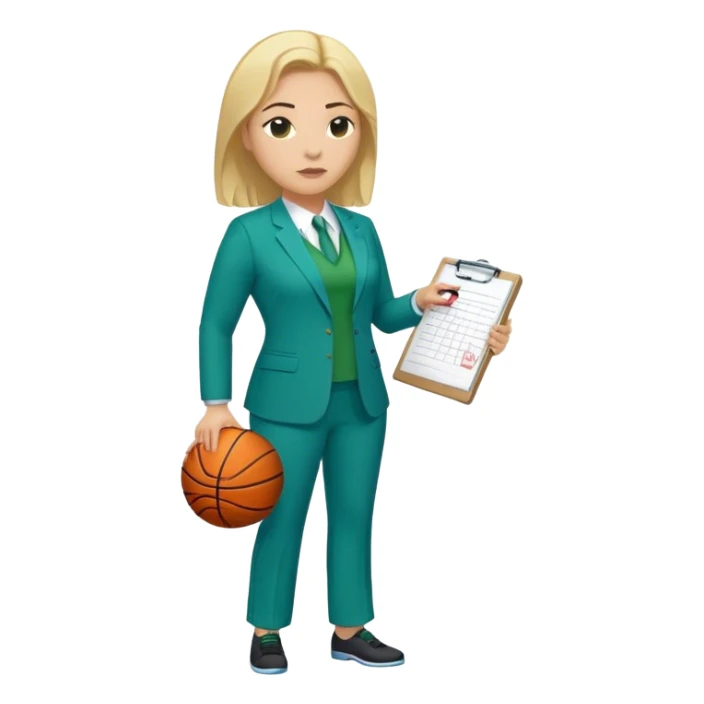 Full Body white plus size female basketball head coach using a clipboard with medium length blonde hair in a blue and green suit sticker