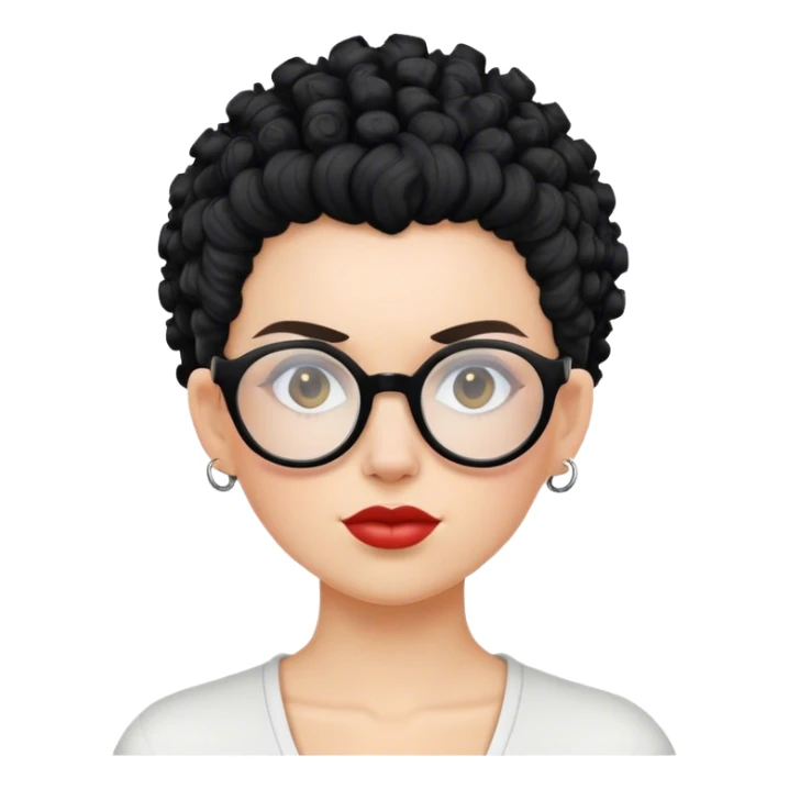 Mulher branca de cabelo moicano preto cacheado e óculos redondo sticker