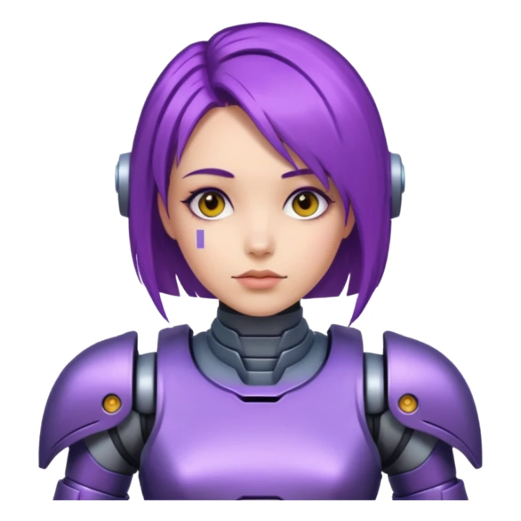 A woman with purple hair and a robot armor sticker