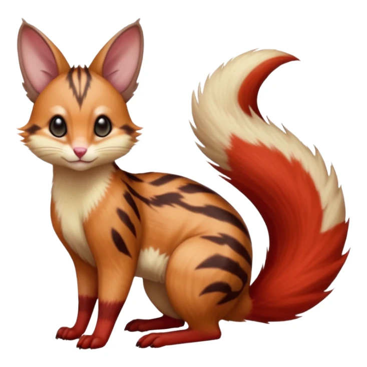 sanguine-red-streaked natural realistic divine beautiful elegant pretty precious cute young youthful  Fakémon-Pokémon-alien-opossum-squirrel-feline-serval-caracal-chinchilla-Minccino-hybrid-creature with a big fluffy bushy tail (full body) sticker