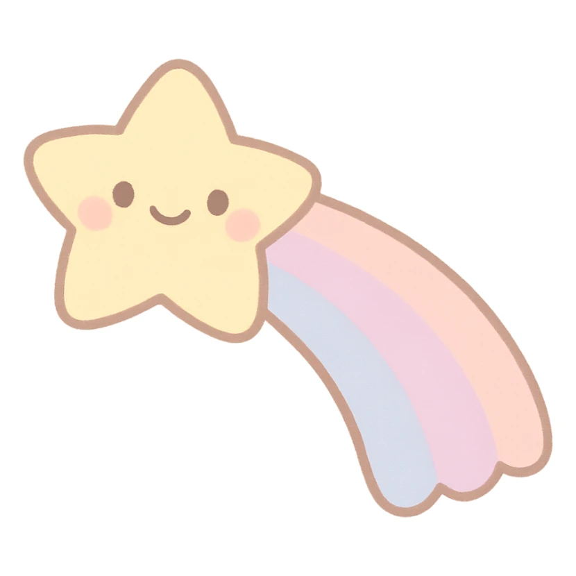 adorable pastel yellow shooting star, happy face, pastel trail, no arms or legs, full body, soft pastel kawaii style, transparent background sticker