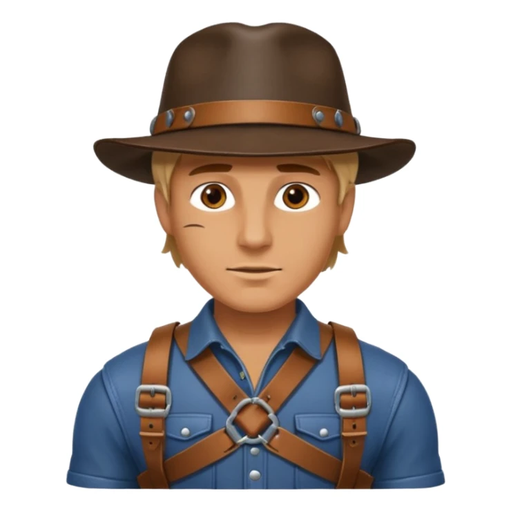 a leather Dom with a leather hat and chest harness sticker