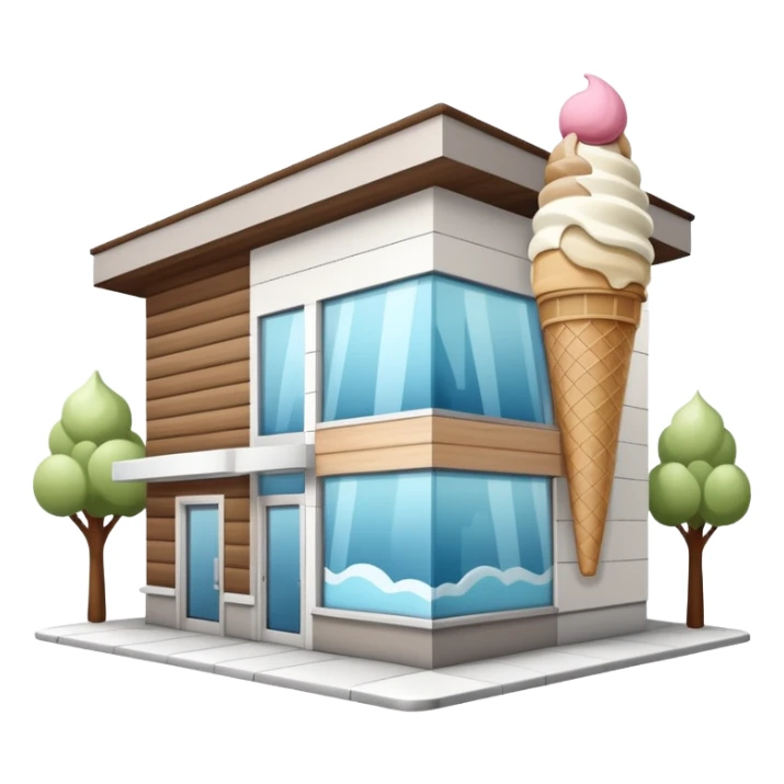 ice cream store at an angle, modern building wood, gray, white materials modern, at an angle sticker