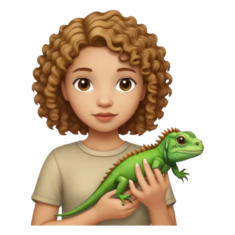 girl with curly light brown short hair, holding an iguana  sticker
