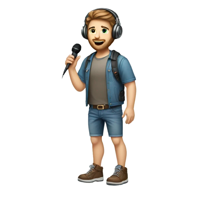 full body caucasian IT technology guy wearing jean shorts with headset and microphone and brown hair sticker