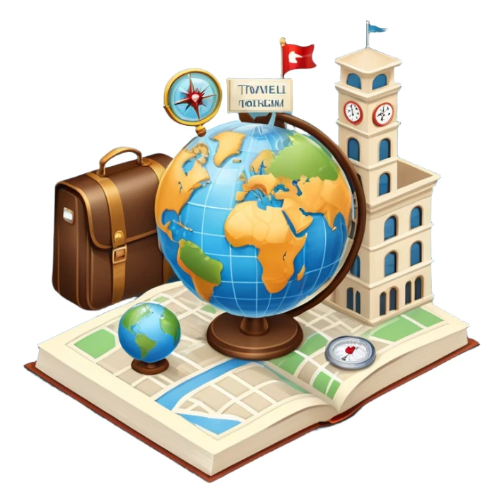 An icon featuring a hotel building, and a globe, symbolizing the scientific study of tourism and hospitality. The design includes a map, a compass, and a checklist, representing travel planning and service management. Transparent background highlights the academic exploration of the tourism industry sticker