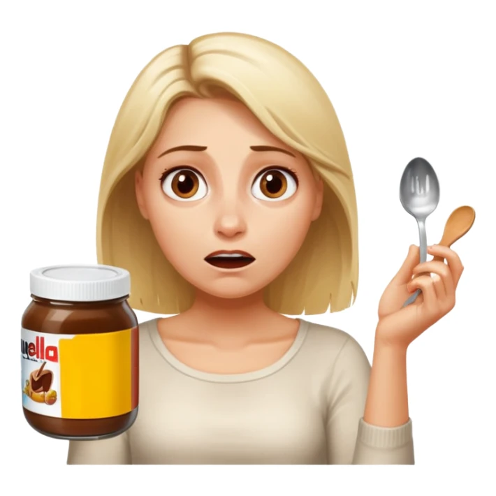 Nutella with a spoon. The glas of Nutella is almost empty . Only the one carriage of Nutella. Next to the Nutella is the head of a blond woman who is desperate to eat the Nutella  sticker