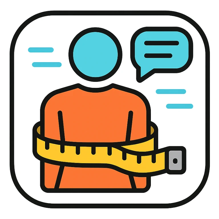iOS app icon featuring a tape measure wrapped around a simplified body shape, with digital scan lines, representing scanning and personalized weight loss tips sticker