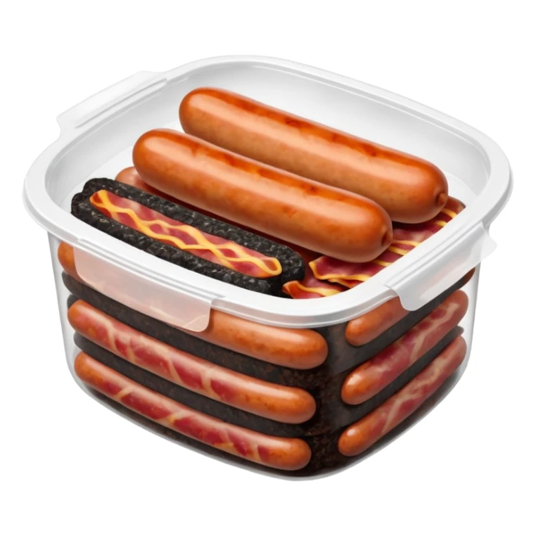 Sausages, black pudding, white pudding, and bacon in sealed container  sticker