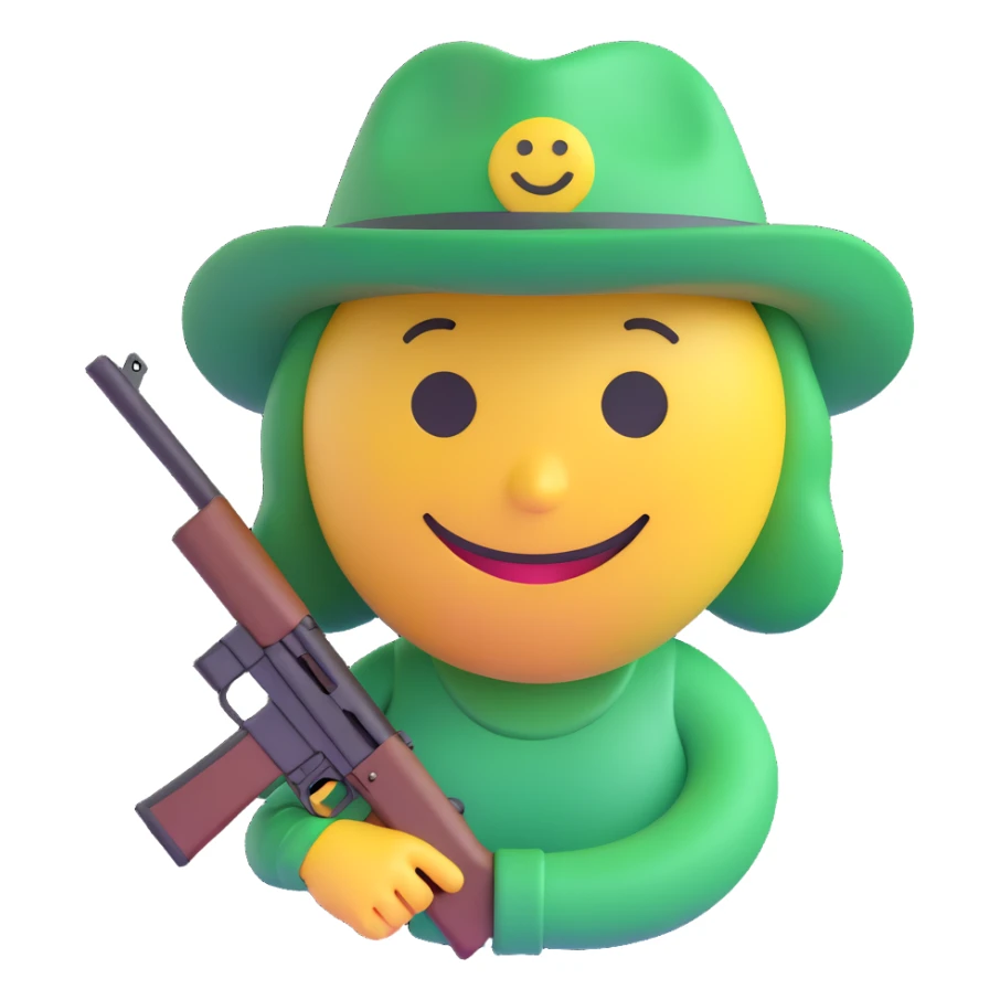 3D smiley emoji, round shape, hunter wearing a green hat, holding a rifle, smiling face, transparent background sticker