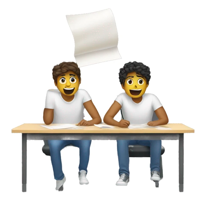 2 European students sitting at desks. They are throwing paper sticker