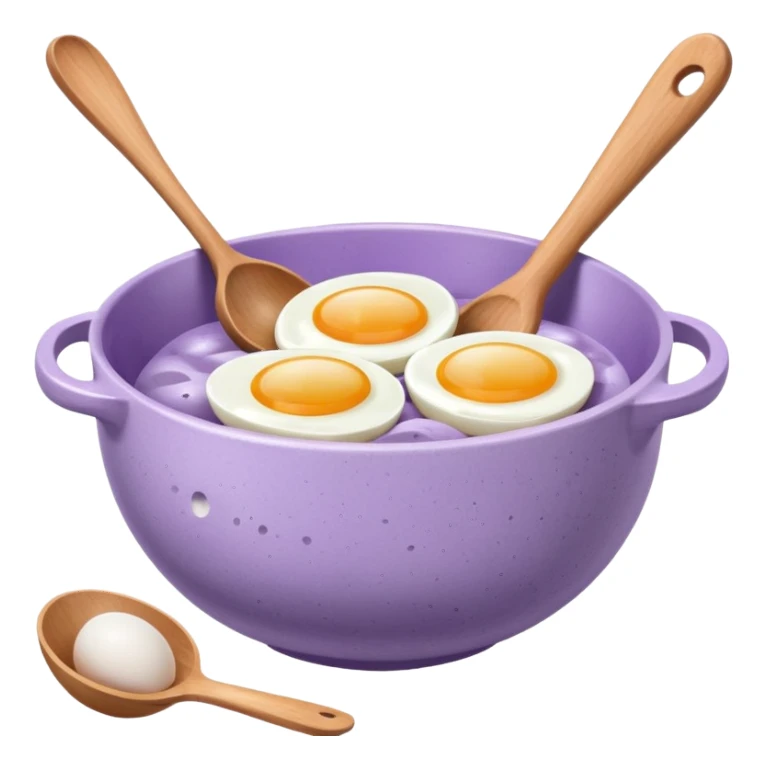 a lilac ceramic mixing bowl with a wooden spoon stirring and sitting next to it is a few eggs sticker