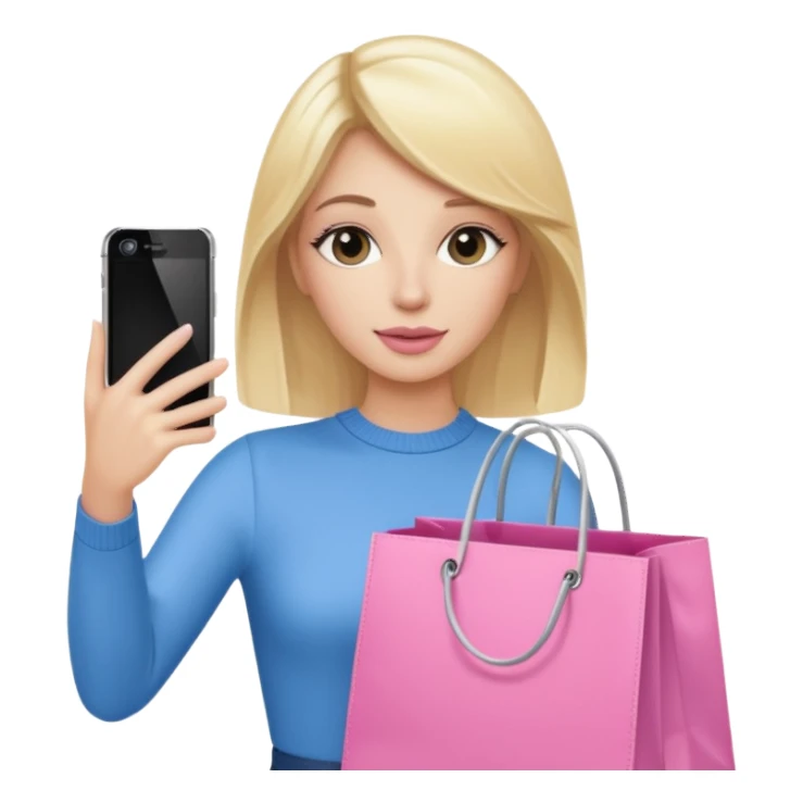 Blond influencer taking selfie with an iphone with one hand and a pink shopping bag next to her  sticker