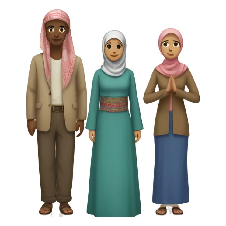 Five people of diverse ethnicities and cultures stand in a circle holding hands, each wearing traditional clothing from their country: a Muslim woman in a hijab,  Their varied skin tones sticker