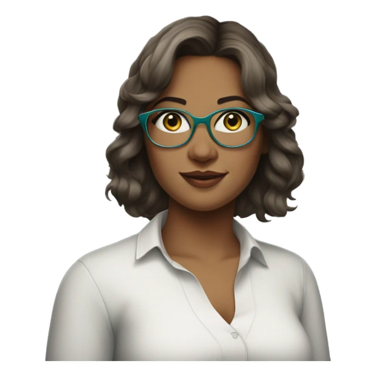 young curvy woman with shoulder length brown hair, sideswept bangs, grey-green eyes, singer, blue glasses sticker