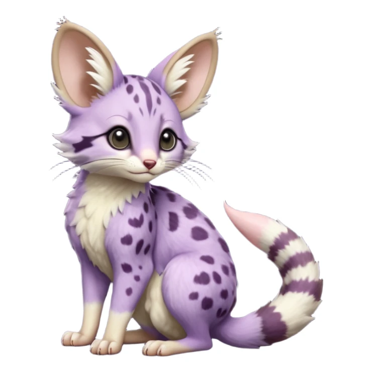 Purple, soft realistic romantic vintage antique divine beautiful elegant pretty precious cute young youthful  Fakémon-Pokémon-opossum-feline-mouse-serval-caracal-chinchilla-Minccino-Cinccino-Meowstic-rodent-hybrid-creature with a tufted tail (full body) sticker