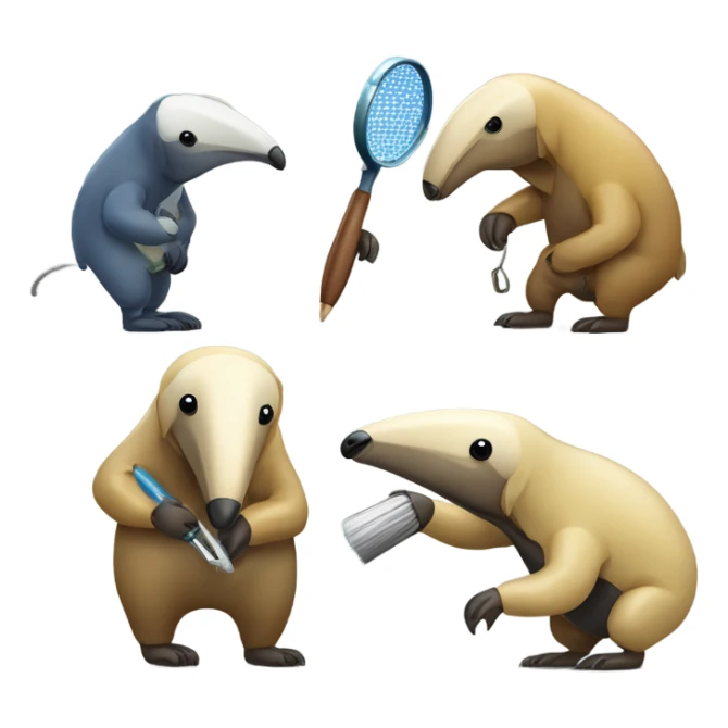 four anteaters. one anteater with a paint brush, one anteater with a magnifying glass, one anteater with computer with code, and one anteater talking to a robot sticker