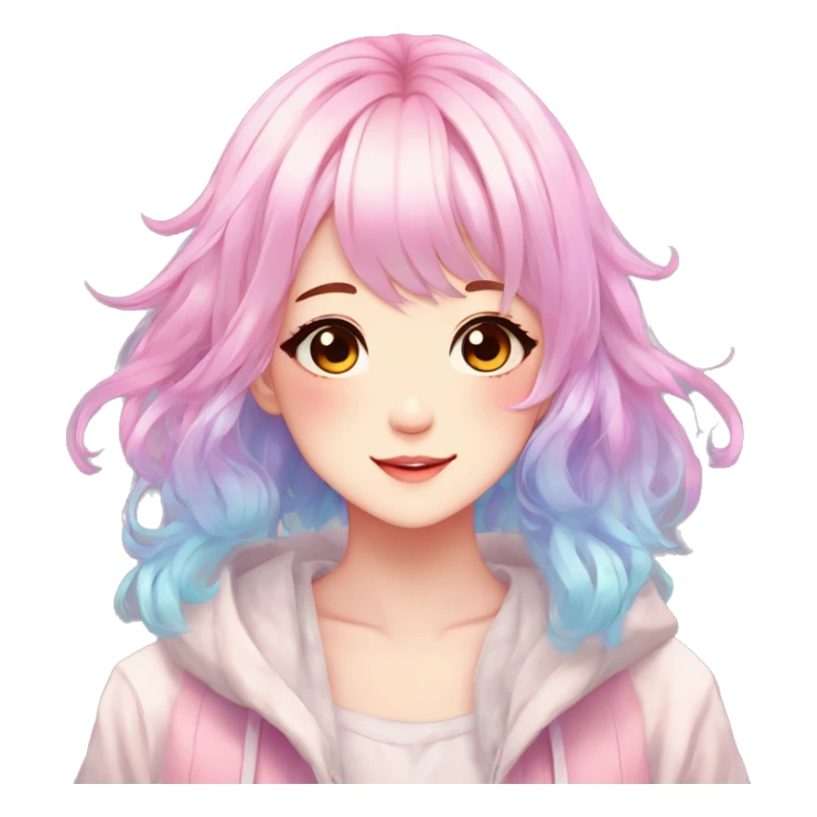 Gorgeous anime style shojo character with blushing face aesthetic and pretty colorful shiny gradient pastel hair with hair garment trending style sticker