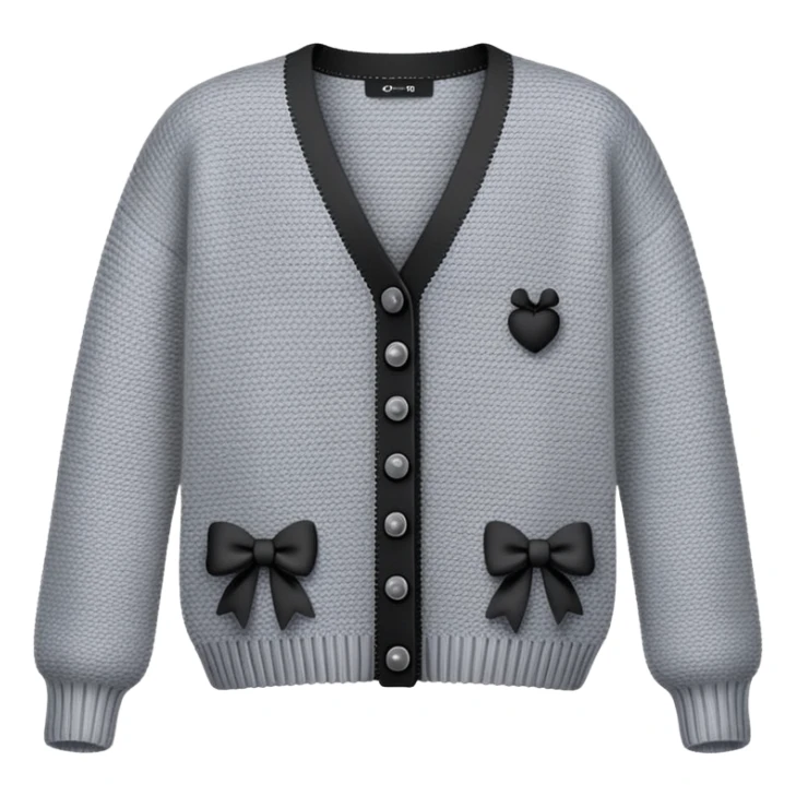 gray cardigan with tiny black bows all over front and sleeves, realistic 3d isolated sticker