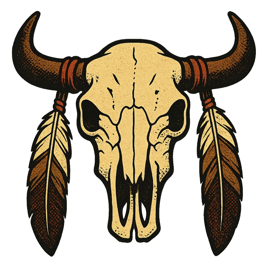 A native American buffalo skull with feathers hanging from both horns. Make the skull symmetrical facing the front sticker