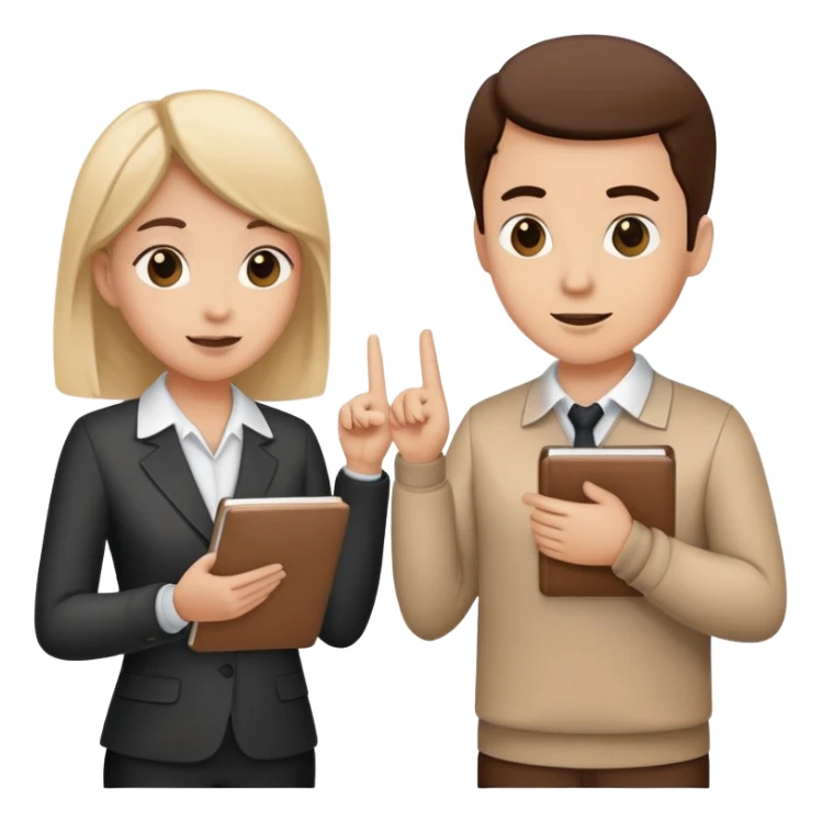 Two team members facing each other, one holding a notepad and the other gesturing, in a collaborative pose sticker