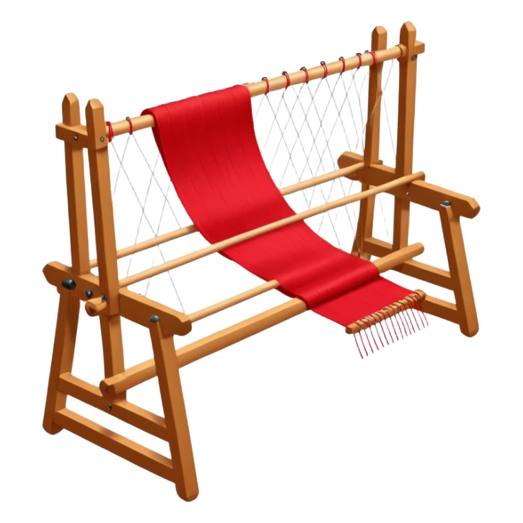 rigid heddle weaving loom set up for weaving a bright red scarf, with red yarn on a stick shuttle laying across the warp threads sticker