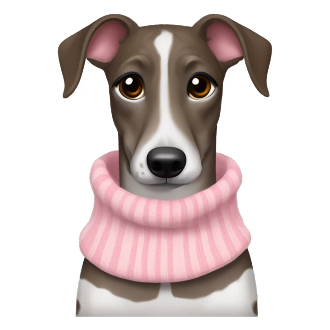 Brindle whippet brown red and black striped with large white spots on neck and stripe on face, wearing pink sweater sticker