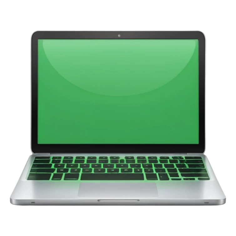 A emoji-style illustration of a laptop front facing with its screen showing green screen. sticker