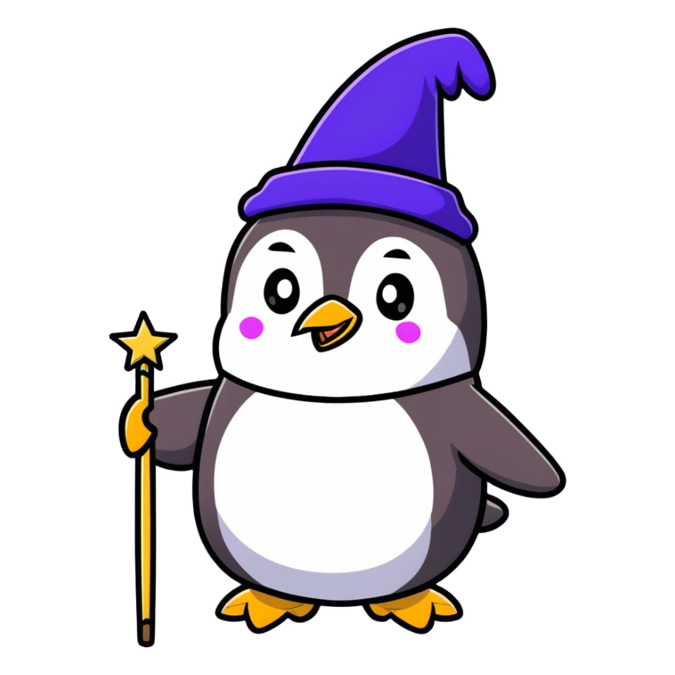 cartoon penguin wizard with a starry hat and magic wand, vibrant colors sticker