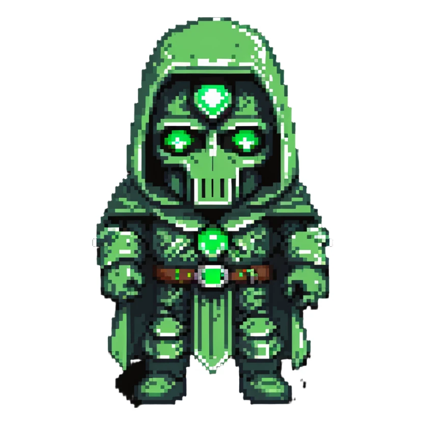 Doctor Doom standing menacingly with bright green glowing eyes sticker