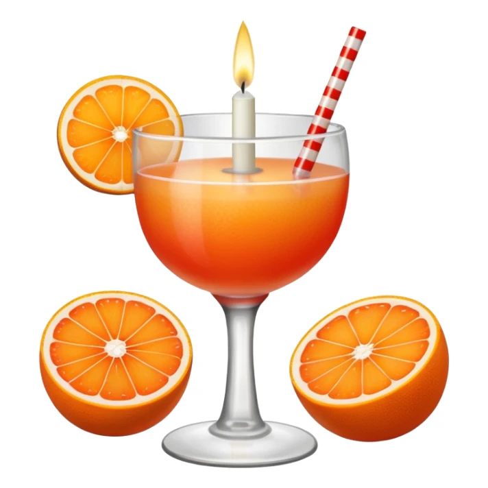 An orange grapefruit, with a horizontal red stripe around the middle. 4 vertical cocktail sticks in the orange with small pieces of candy on the sticks. On top of the orange a small white lit candle. sticker