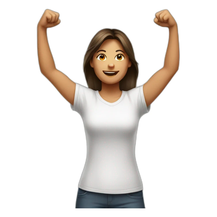 female in white t-shirt with both fists stretched high in victory sticker