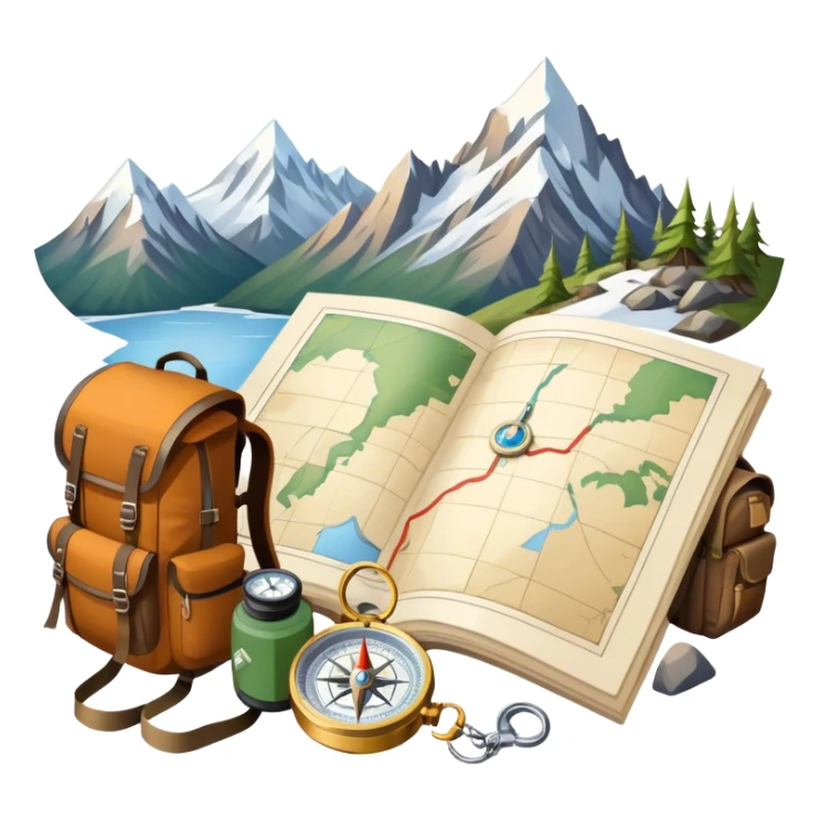 Icon for Expeditions: a compass, a map, and a backpack with trekking gear, placed on a rugged mountain terrain with snow-capped peaks. The icon should evoke the spirit of adventure and discovery in remote, unexplored places. Transparent background. sticker