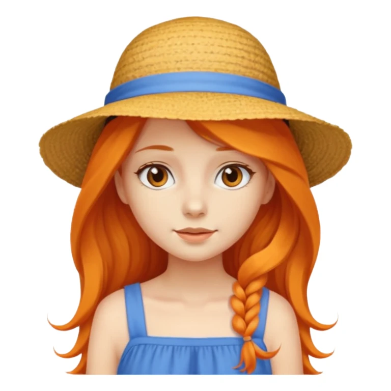 girl_wearing_summer_hat, orrange long hair, blue dress sticker