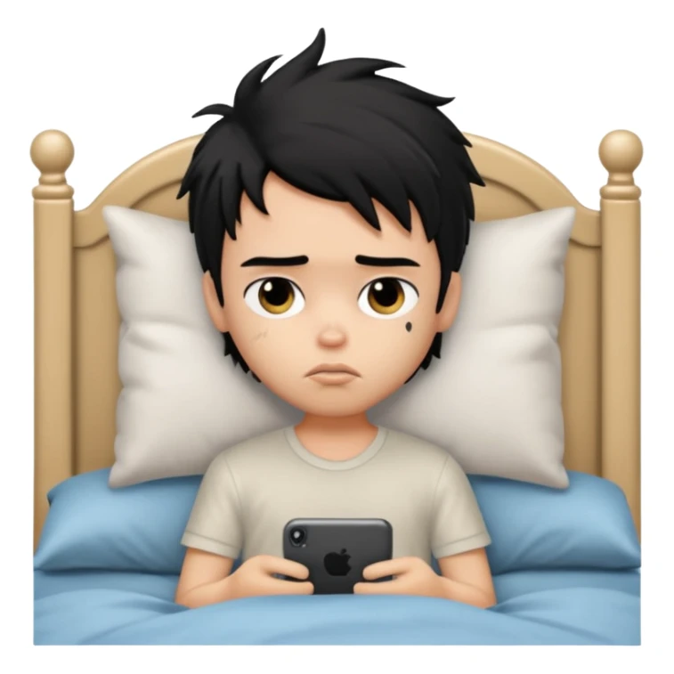 a PRETTY BRATZ boy with black messy hair, in bed, looking sad sticker