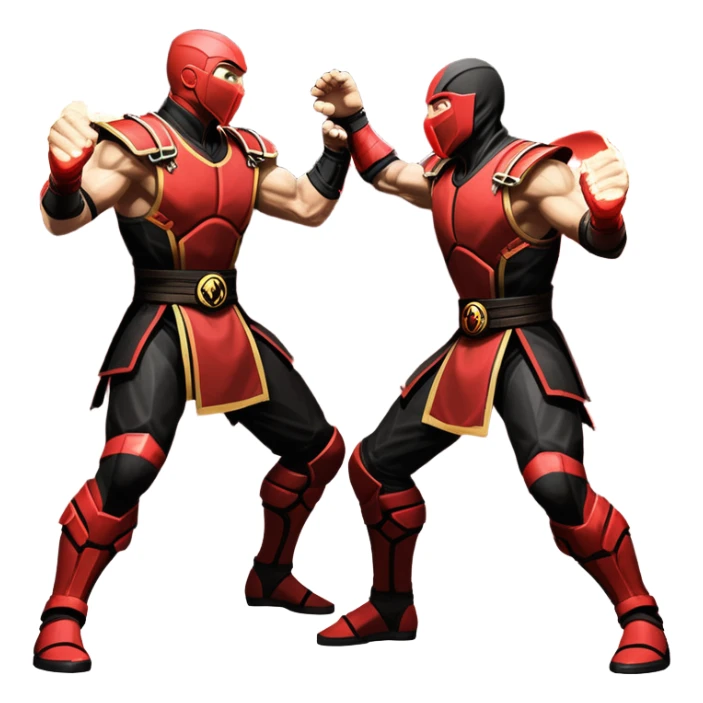 An icon showing two fighters in dynamic combat poses, inspired by Mortal Kombat. One character delivers a powerful kick, while the other blocks or counters. The background features a dark arena with glowing effects, symbolizing intense battles. Transparent background. sticker