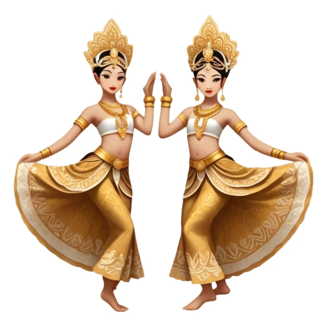 ​Cinematic Realistic Traditional Javanese Dancers, depicted as two graceful dancers in ornate traditional costumes with intricate batik patterns and elaborate headpieces, captured in dynamic poses during a ritual dance in an ancient temple courtyard, rendered with soft golden lighting and rich cultural textures, sticker