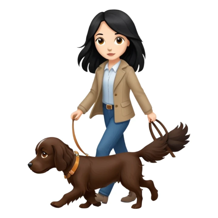 A girl with long black hair walks a brown springer spaniel sticker