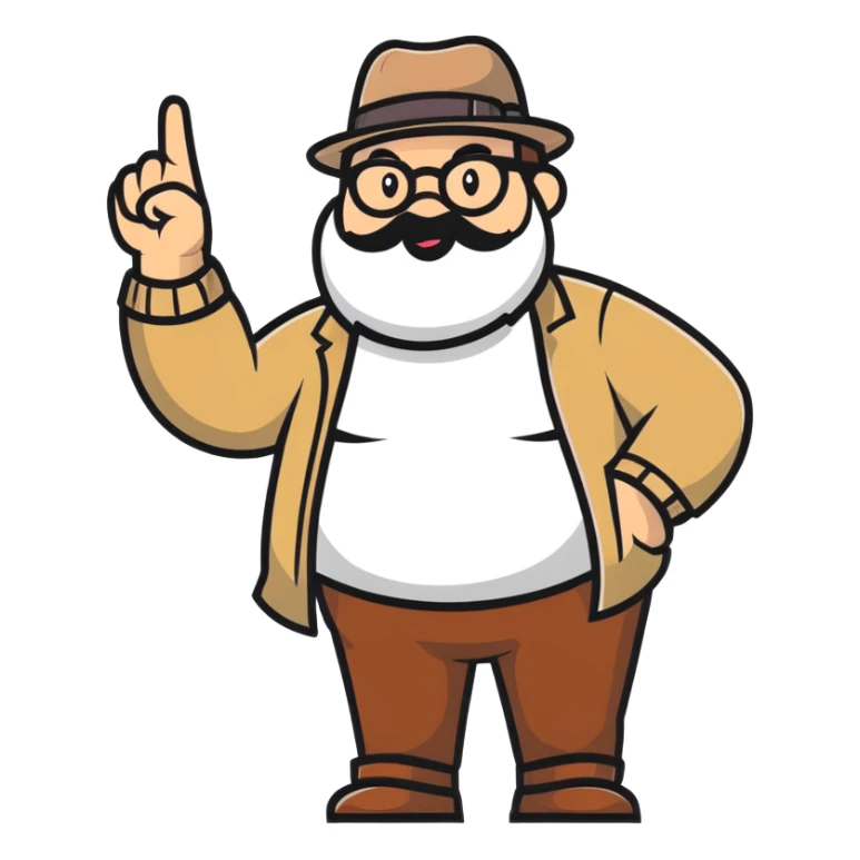 Fat bearded nerd wearing fedora hat pointing up to the sky with finger sticker