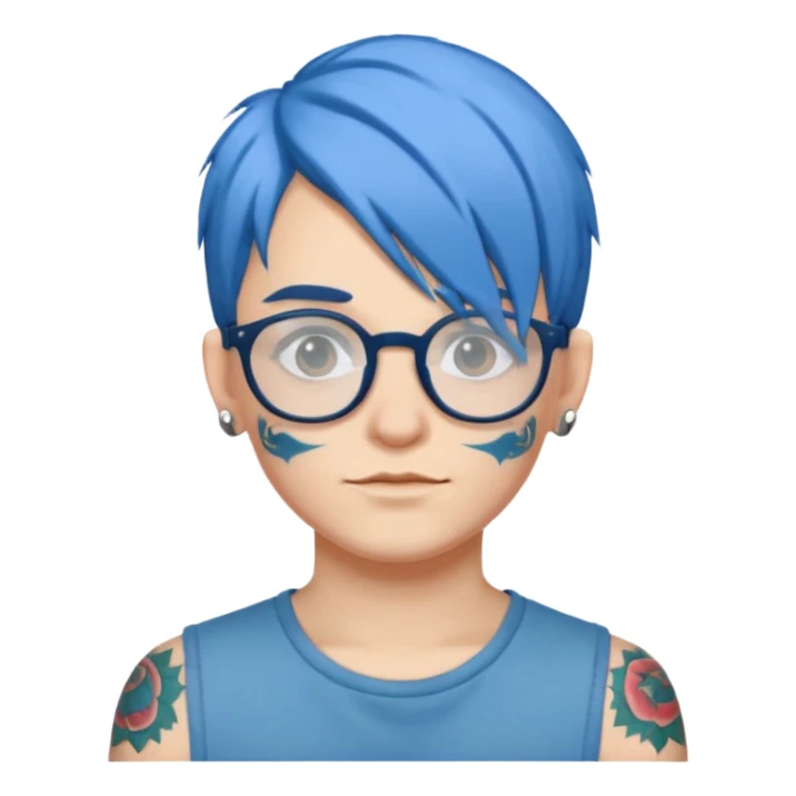 person with blue hair, glasses, visible tattoo sticker