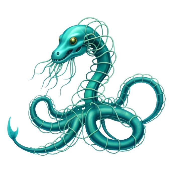 A phosphorescent deep-sea serpent made of electric wires and cables with rubber scales that reveal its electric skeleton, possessing both jellyfish-like tendrils and the ability to generate electrical pulses that illuminate the ocean depths. sticker